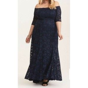 NWT TORRID 30 Navy Lace Sequins Off The Shoulder Special Occasion Gown